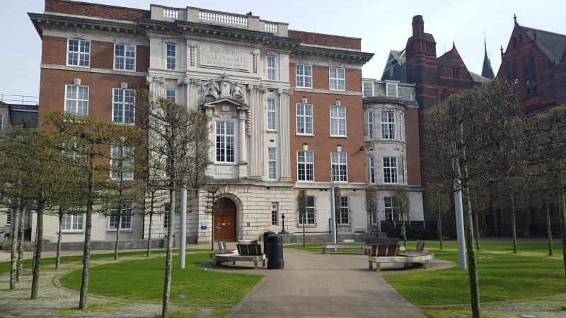 A picture of the Ashton Building, University of Liverpool, with a notable absence of both snow and flood water