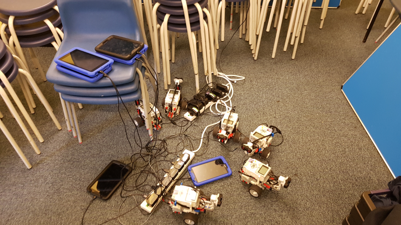 A picture of the Lego Rovers robots charging